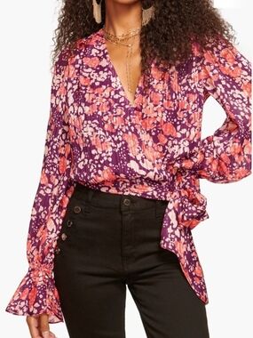NWT Ramy Brook Purple Floral Wrap Blouse with Pink Accents